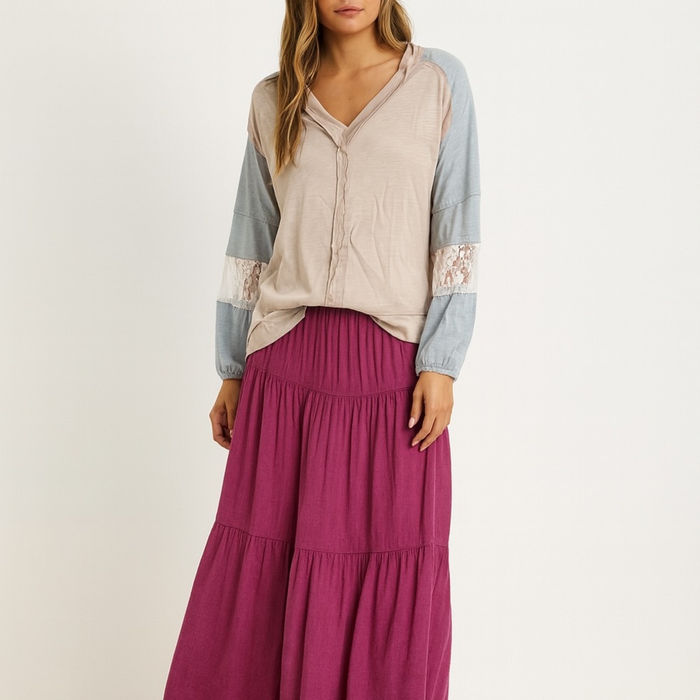 Stylish Boho Beige and Blue Long Sleeve Top NWT